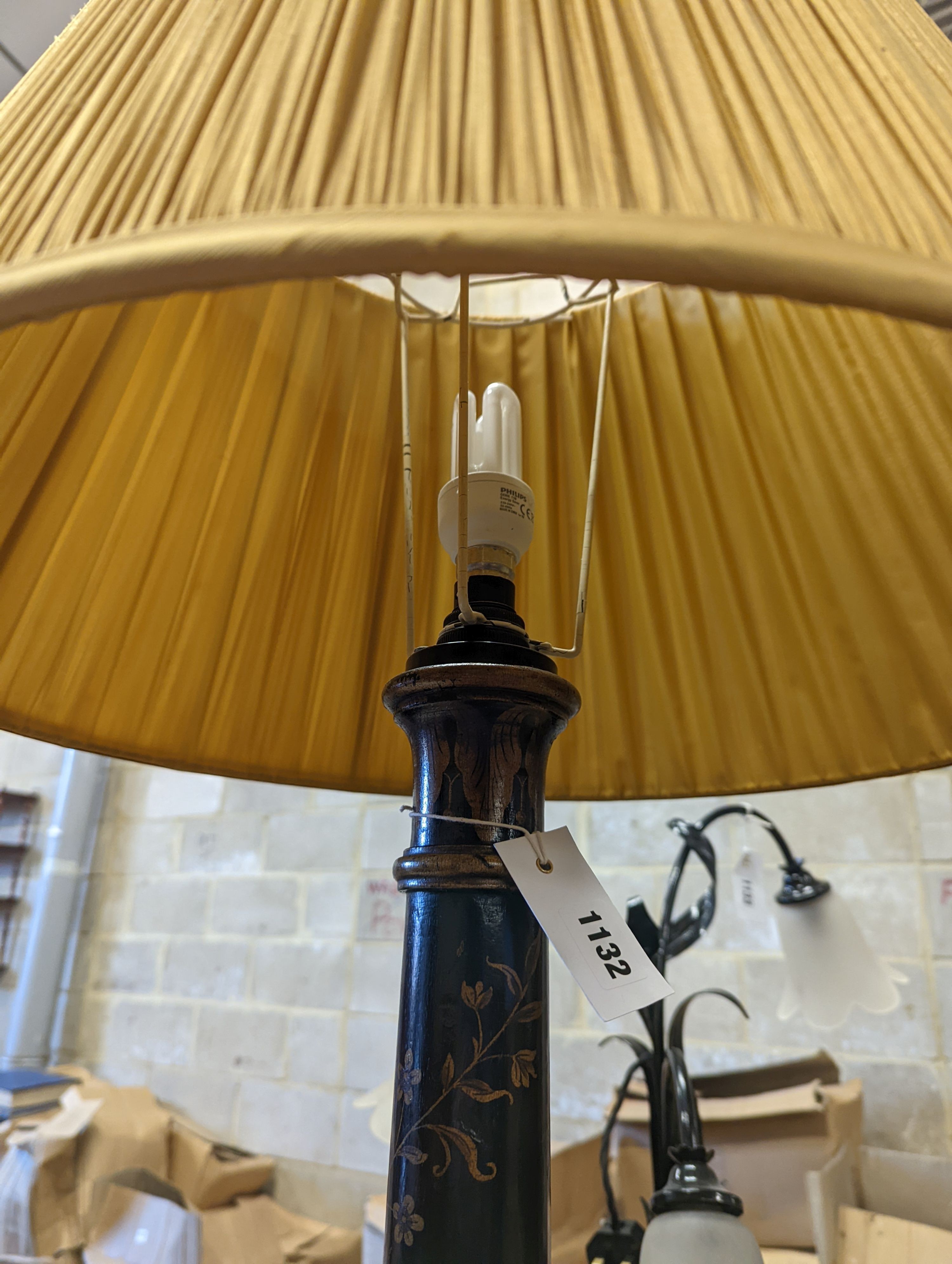 A Chinoiserie lacquer tripod standard lamp, height including shade 174cm